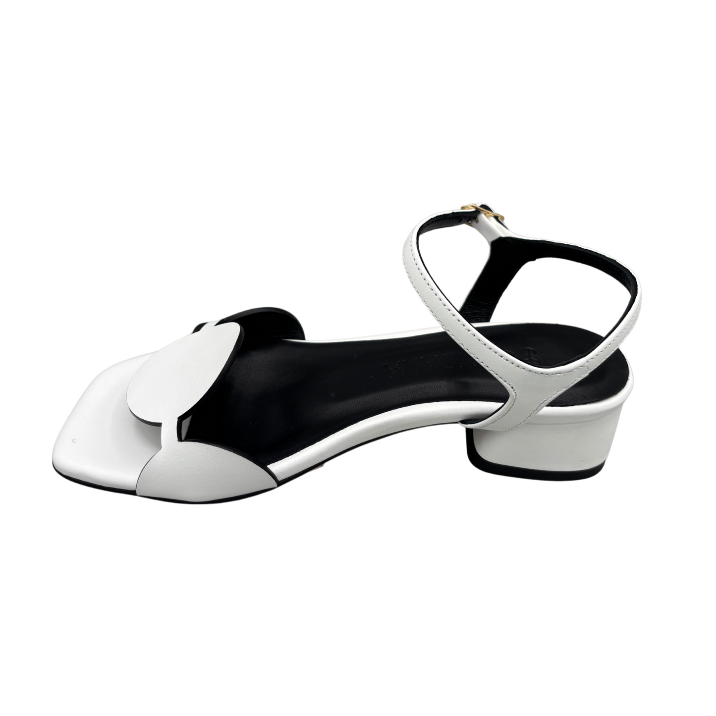 Sandalo Orbita artigianale in pelle bianca
liscia , vista laterale sinistra, design geometrico
Candana